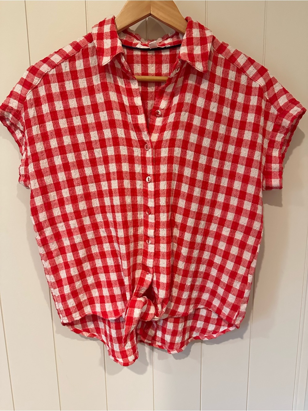 Jane & Delancey Women’s Red White Check Button‑Down Tie‑Front Blouse Size XS